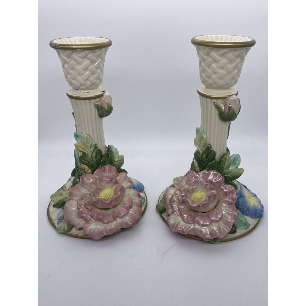 Set Of 2 FITZ‎ and FLOYD Candlesticks Cabbage Rose Flowers Floral-1 Repaired